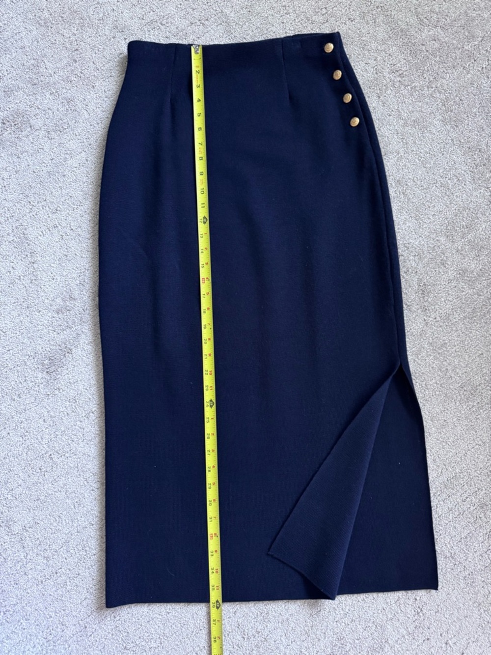 Lauren Ralph Lauren Merino Wool Midi Skirt Navy Gold Button Slit M - Picture 8 of 10